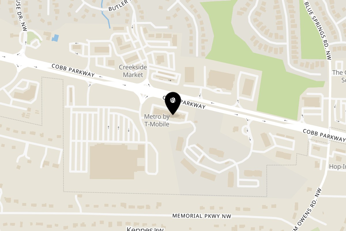 Map showing the location of Mangiamo Ristorante & Pizzeria on 3103 Cobb Pkwy NW #105 in Kennesaw